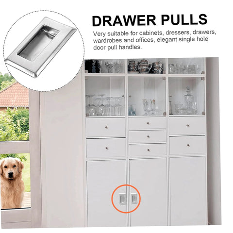 Hidden Recessed Pull Handle Set on white cupboard with glass doors, showcasing a space-saving stainless steel design for drawers and cabinets.