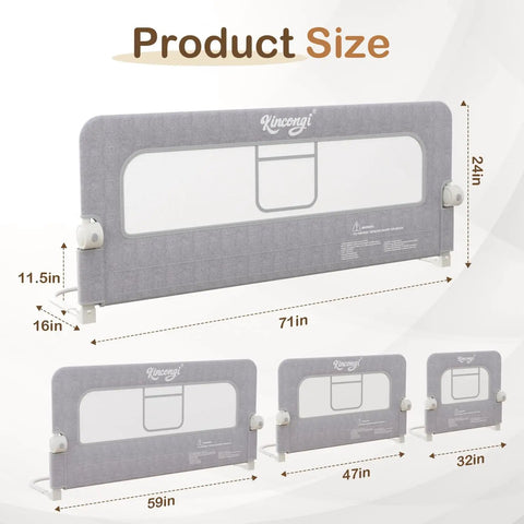 Diagram of Ultra Sturdy 71 Inch Swing Down Toddler Bed Rail With Wide U Shaped Base For King Queen Full Twin Beds sizes