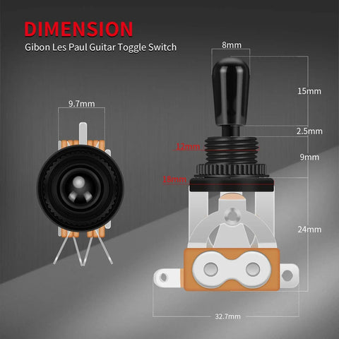 No Brainer Three Way Guitar Toggle Switch Pickup Selector For Gibson Epiphone Les Paul Electric Guitars Black Tip Aluminum Knurled Nut Included, 32.7mm