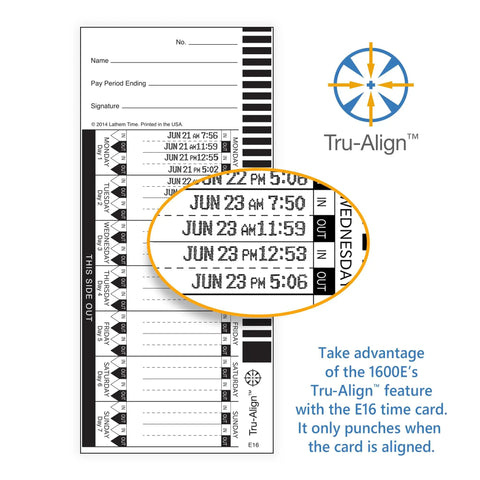 E16 time card showing punch times with Tru-Align feature for Boss Level Time Clock And Document Stamp Combo For Payroll And Project Tracking Charcoal Gray Employee Punch In Device That Handles Your Daily Grind With Zero Sweat And Flawless Precision.
