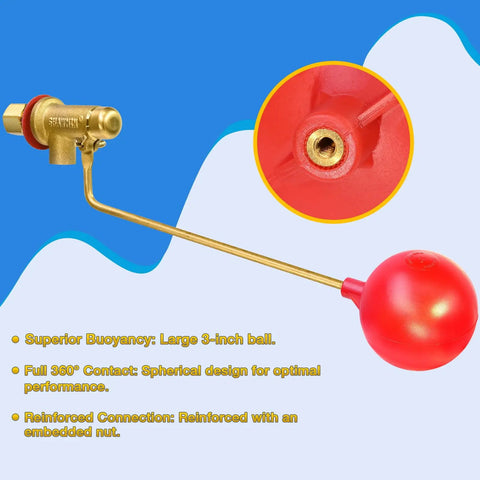 Beefy One Quarter Inch Brass Float Valve For Evaporative Cooler Built Tough Heavy Duty Leak Proof With Three Inch Polyethylene Float And Mushroom Silicone Seal For Long Lasting Performance In Harsh Water Conditions, brass valve with 3-inch red float