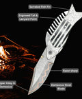 Fish Style Damascus Folding Knife With Ladder Pattern Blade Copper Finish Brass Engraved Handle And Leather Sheath Precision Edge