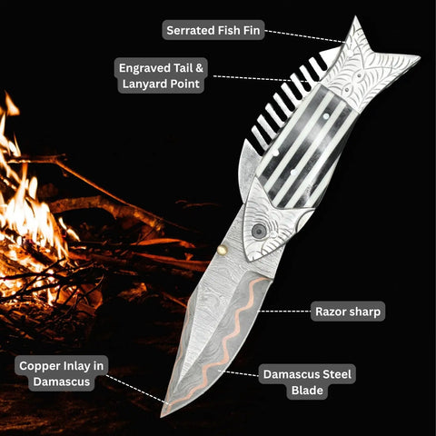 Fish Style Damascus Folding Knife With Ladder Pattern Blade Copper Finish Brass Engraved Handle And Leather Sheath Precision Edge
