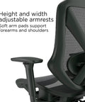 Side view of ergonomic mesh task chair with lumbar support and adjustable height, showing armrest details, black office seat