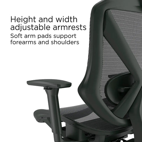 Side view of ergonomic mesh task chair with lumbar support and adjustable height, showing armrest details, black office seat