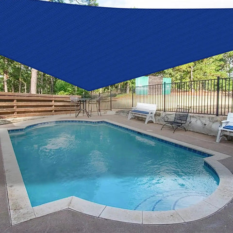 Right Triangle Sun Shade Sail 8 Foot By 8 Foot By 11.3 Foot Outdoor Canopy providing shade over a backyard pool and patio area.