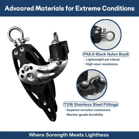 RiaYer 35mm single swivel becket adjustable cam block sailing pulley with black nylon body and stainless steel fittings