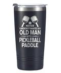 Dope Pickleball Gift For Men 20 Oz Stainless Steel Travel Tumbler featuring fun pickleball graphics on black body.