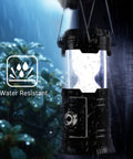 Collapsible Solar Camping Lantern With USB Rechargeable LED Flashlight shown in rain, highlighting water-resistant feature.