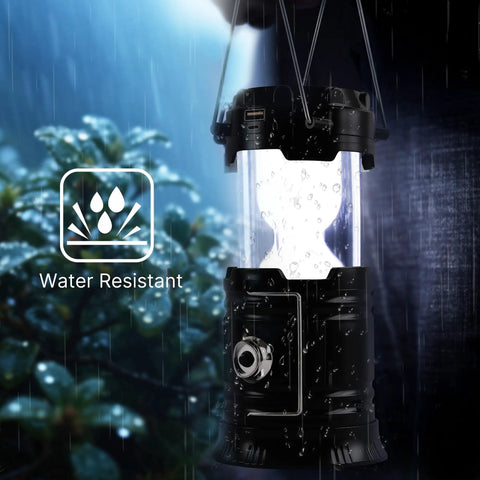 Collapsible Solar Camping Lantern With USB Rechargeable LED Flashlight shown in rain, highlighting water-resistant feature.