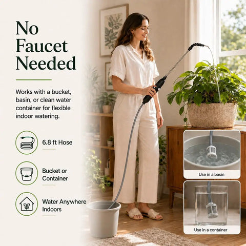Super Handy High Reach Plant Waterer For Indoor Plants With Telescoping Wand From 25.6 To 35.4 Inches And 2000mAh Rechargeable Indoor Watering Device With 6.8 Foot Hose And Spray Nozzle For Hanging Baskets And Window Plants in use by woman indoors