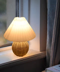 Korean Pleated DIY Ceramic Table Lamp With Rattan Accent In White For Living Room Decor, Cute Bedside Lamp With Tricolor LED Bulb