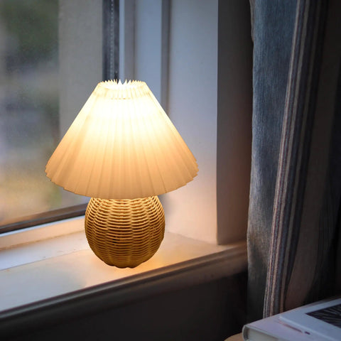 Korean Pleated DIY Ceramic Table Lamp With Rattan Accent In White For Living Room Decor, Cute Bedside Lamp With Tricolor LED Bulb