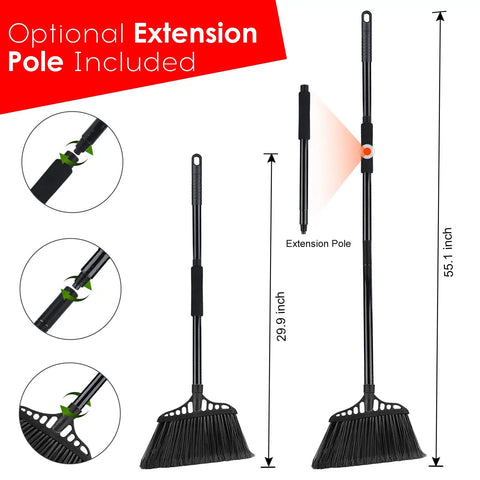 Heavy Duty 3 Pack Broom Set With 55 Inch Telescoping Pole And Padded Eva Grip showing extension pole option, 55.1 inch tall for tough cleaning.