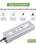 Heavy Duty 200W IP67 Waterproof LED Power Supply 90V To 130V AC To 12V DC Transformer with 3 prong plug outdoor use