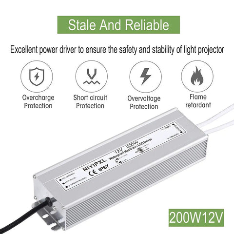 Heavy Duty 200W IP67 Waterproof LED Power Supply 90V To 130V AC To 12V DC Transformer with 3 prong plug outdoor use
