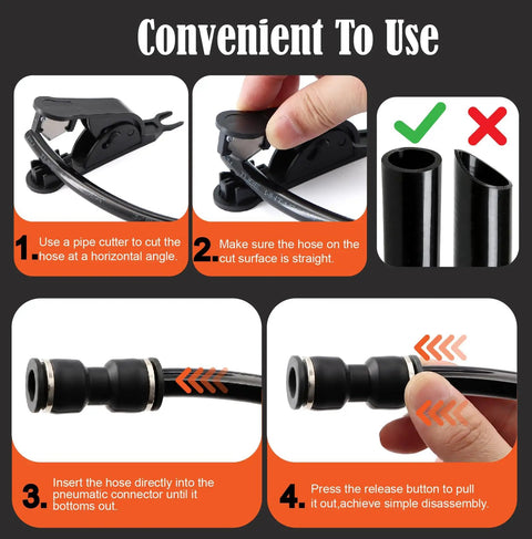 Kickstart Your Auto Repair Game With This Massive 170Pc Push To Connect Air Fittings Kit Featuring Five Essential OD Sizes And Twelve Connector Types Plus Teflon Tape And Cutter For Quick Brake Fixes And Factory Jobs. push-to-connect hose cutter