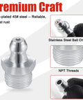 All In One 70 Pcs Grease Fittings Kit With SAE And Metric Zerk Nipples, close-up of steel nipple with stainless steel ball check