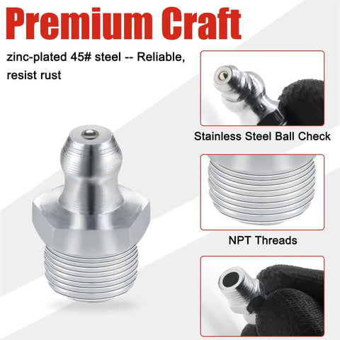 All In One 70 Pcs Grease Fittings Kit With SAE And Metric Zerk Nipples, close-up of steel nipple with stainless steel ball check