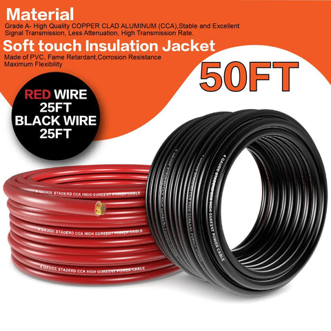 Heavy Duty 4 Gauge Car Audio Wire Kit 25ft Red And Black CCA Copper Clad Aluminum Power And Ground Cable With 20 Lugs Connectors And 20 3 To 1 Heat Shrink Tubing For Amp Install, 50ft total