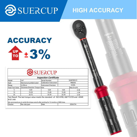 Built To Last 1/4 Inch Torque Wrench Set, 50 Piece Kit With 3-25 Nm Range, 72-Tooth Click Drive, S2 Bit Sockets, shown with accuracy certificate.