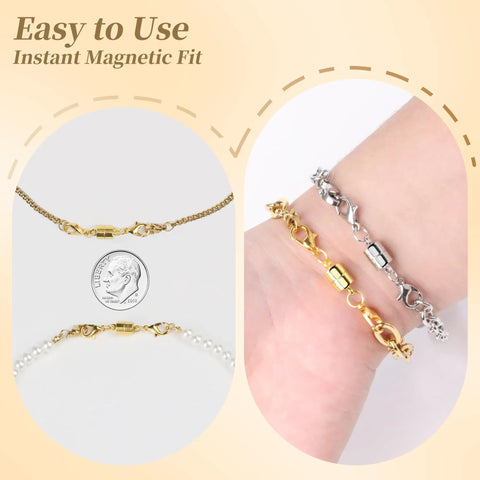 Magnetic Necklace Clasp Set With Double Lobster Clasps, 14K Gold And Silver Extenders For Women, shown on necklaces and wrist