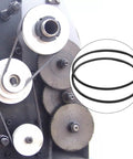 Set Of Two Premium Polyurethane Lathe Belts For Mini Metal Lathes Models 5M375 And 5M387 showing pulleys and drive belts in use.