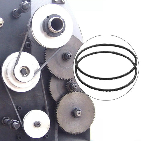 Set Of Two Premium Polyurethane Lathe Belts For Mini Metal Lathes Models 5M375 And 5M387 showing pulleys and drive belts in use.
