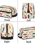 Front, left, right, and back views of Cartoon Aircraft Clouds Toiletry Bag With Hanging Hook Large Capacity Travel Makeup And Shaving Kit Organizer For Essentials On The Go Spacious Main Compartment Front Zip Pocket Durable Portable