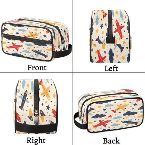 Front, left, right, and back views of Cartoon Aircraft Clouds Toiletry Bag With Hanging Hook Large Capacity Travel Makeup And Shaving Kit Organizer For Essentials On The Go Spacious Main Compartment Front Zip Pocket Durable Portable