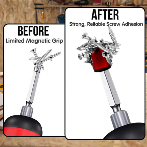 Magnetic Screwdriver Head Ring Set With Universal Bit Holder showing before and after magnetic grip enhancement with screws attached
