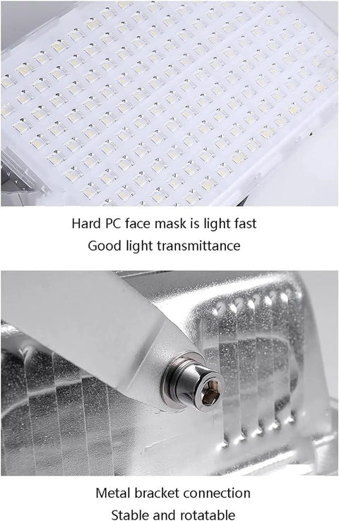 JUDYSSY Led Flood Lights Outdoor Security Lights White 20V Led Work Light, 200w, showing hard PC face mask and metal bracket connection.