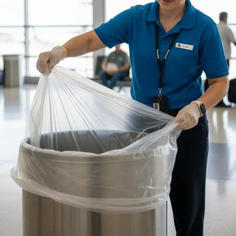 Heavy Duty 40 45 Gallon Trash Bags With Clear Scent Free Build Featuring No Nonsense Tear Resistant Polyethylene And Star Seal Bottom For Straight Up Leak Proof Cleanup In Every Standard Waste Bin being placed in a stainless steel waste bin.