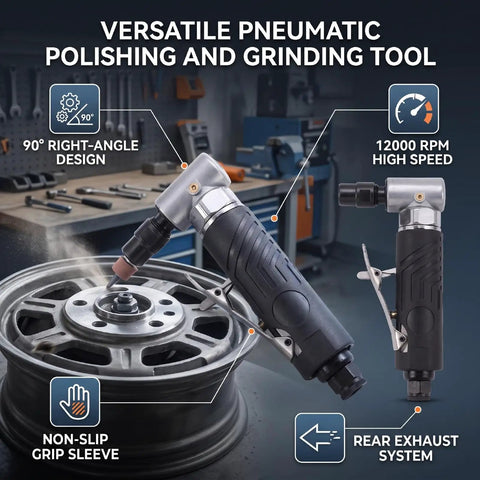 Compact 90 Degree Right Angle Pneumatic Air Die Grinder Hit 12000 RPM for precise grinding on wheel hubs.