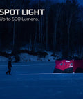 Person using Mycro 500 Plus Rechargeable Headlamp With 500 Lumens, Seven Light Modes, outdoors by a tent, night scene.