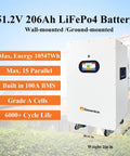 51.2V 206Ah LiFePo4 Battery for off-grid systems, wall-mounted or ground-mounted, featuring 6000+ cycle life.
