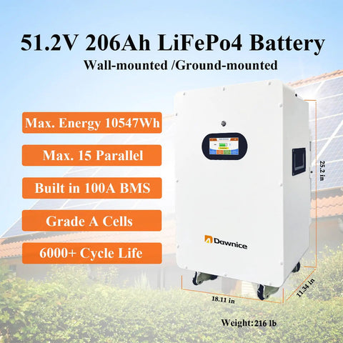 51.2V 206Ah LiFePo4 Battery for off-grid systems, wall-mounted or ground-mounted, featuring 6000+ cycle life.