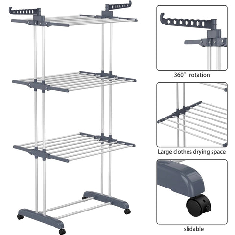 Top Shelf Oversized Four Tier Clothes Drying Rack With A Built Tough Foldable Frame Plus Side Wings For Hanging Laundry Towels Shoes And Quilts Roomy Air Drying Setup with three tiers and locking wheels.