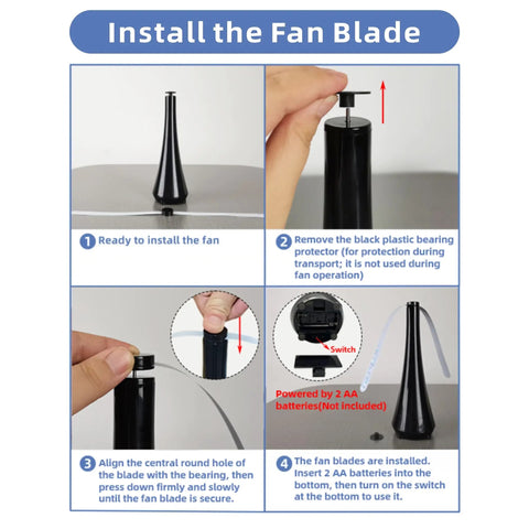 Three Pack Battery Operated Tabletop Fly Fans for Indoor or Outdoor Use installation steps with battery compartment