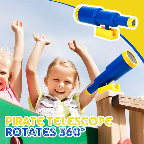 Blue Pirate Ship Wheel Toy Telescope And Telephone Playground Accessories Bundle For Outdoor Swing Sets And Playhouses Ideal For Backyard Fun And Epic Imaginative Outdoor Adventures For Kids with children playing on a playground telescope.