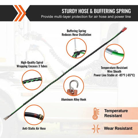 Sturdy hose and buffering spring for 15 Foot Semi Truck Air Lines Kit With Glad Hands And 3 In 1 Air Hoses Plus 7 Way ABS Power Line
