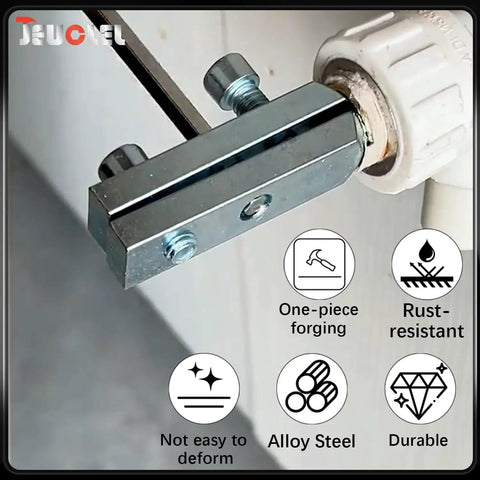 Close-up of Broken Faucet Removal Tool Pro Grade And Pipe Extractor Set attached to pipe, showing alloy steel construction.