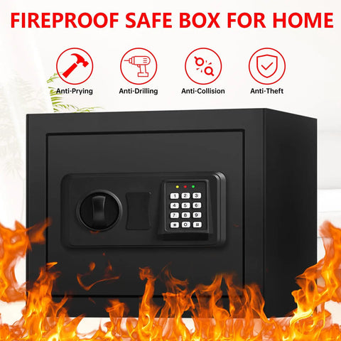 Compact 1.3 Cu Ft Fire Safe With Digital Keypad, Anti Theft Security Safe Box For Home Use, featuring fireproof design with icons