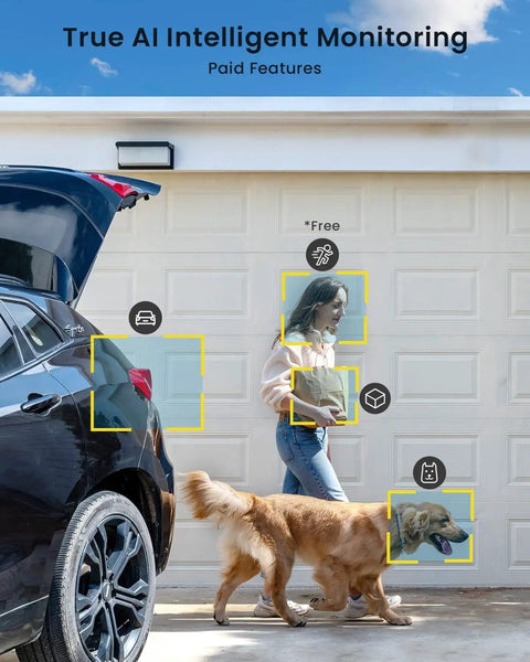 Person carrying package near car with dog, monitored by 2K Wireless Outdoor Security Camera With 360 Degree Pan Tilt Solar Powered and Battery Backed 2.4G WiFi Strobe Light Spotlight Motion Detection Siren Two Way Talk IP65 Weatherproof Night Vision.