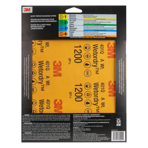 Back packaging of 1200 Grit Wet And Dry Sandpaper Sheets 9 By 11 Inches, showing product features for auto body repair.