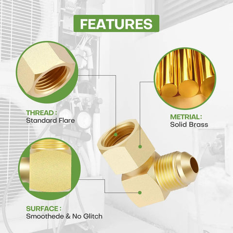 Two Pack 3/8-Inch Flare Swivel Elbow Connector Fittings For Propane Gas And Oil Lines, 90 Degree Male To Female Inverted Flare Brass Couplers, Durable High-Temp Resistant Leak-Free Seals, solid brass 90° flare fitting