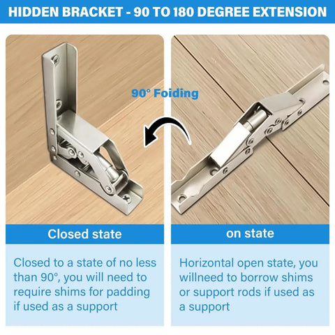 Heavy Duty Folding Shelf Brackets With Self Locking Hinges 2 Pack Hidden Screws installed on wooden surface, shown closed and open