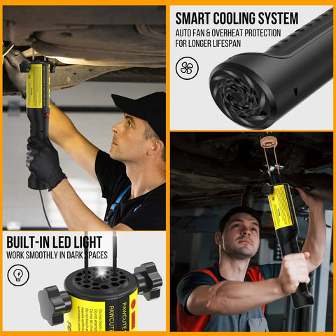 Yellow 1200W handheld induction heater for bolt removal with 6 coils; shown in use under a car with built-in LED light.