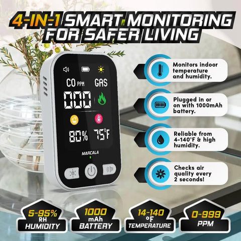 4-In-1 Travel Carbon Monoxide Detector And Gas Alarm With Temperature And Humidity Sensors, Portable Plug-In Or Battery.