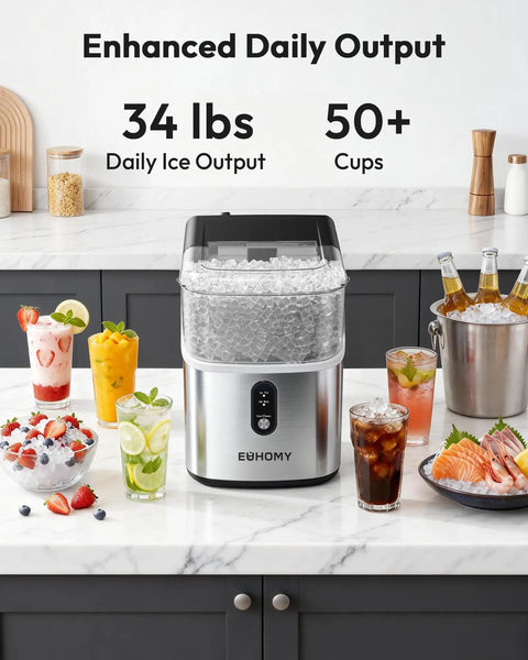 Countertop Nugget Ice Maker With Self Cleaning And Ice Scoop Pebble Ice Machine Delivers Soft Chewable Ice In About 7 Minutes And Produces 34 Lbs Per Day Stainless Steel Portable Home Kitchen Must Have Gadget For Busy Mornings on kitchen counter with drinks and ice bucket